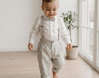 Baby Boys Linen Baptism Suit – Christening Outfit with Pants, Shirt & Bow Tie