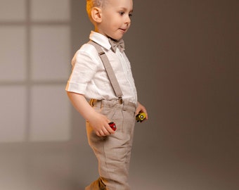 Boys Linen Pants + Suspenders +Bow Tie / Ring bearer pants / Linen Boys Wedding,  Baptism pants/ Formal wear