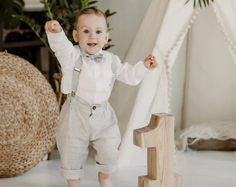 Baby Linen Carrier Pants / Natural Linen Suspender Pants / Baby Boy Baptism Suit / First Birthday Clothes / Ring Bearer Outfit