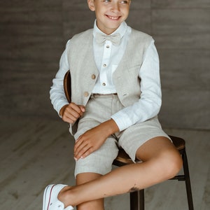 Boys Linen Vest and Bow Tie - Linen Waistcoat - Boys Halloween Outfit - Boys Wedding Outfit- striped vest and pants- ring bearer- first