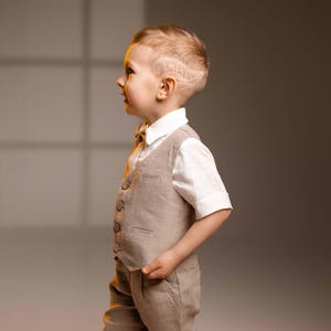 Boys Linen Ring Bearer Suit – 5-Piece Outfit: Pants, Vest, Shirt, Bow Tie, Suspenders