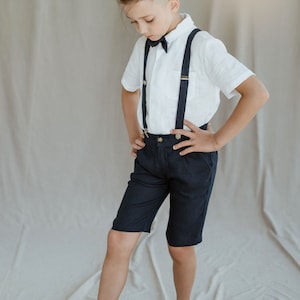 Boys Linen shorts with suspenders bow tie / Toddler Ring Bearer Shorts / Linen Boys Wedding outfit / Formal Wear, Navy Blue image 1