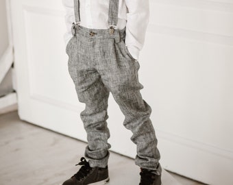 10y-140cm size BLACK col/ 3pcs Boys Linen Pants with Suspenders +Bow tie  / Linen Ring beares / Linen Boys Wedding outfit/ Baptism pants