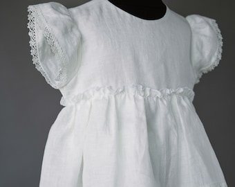 Linen flower dress "Aria"/ Linen handmade Baptism, Christening dress with wing sleeves