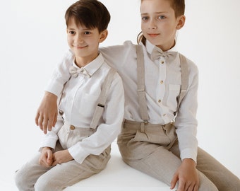 Boys Linen Suspenders Outfit with Bow Tie & Optional Shirt, 2–15Y