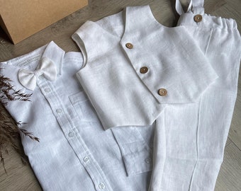 Traje de bautizo para niño: conjunto de lino blanco para bautismo, traje para portador de anillos, conjunto para el primer cumpleaños, atuendo de boda para niños pequeños (6 meses a 2 años).