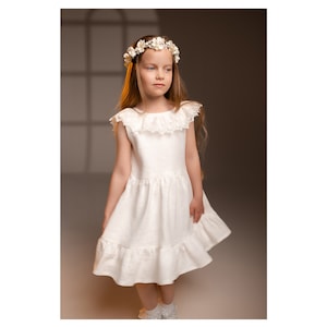 Off-White Linen Flower Girl Dress – Amelia Christening or Wedding Dress with Lace and Open Back (Sizes 1.5Y–8Y)