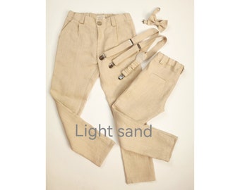 Linen Ring Bearer Outfit: Pants, Suspenders, Bow Tie  / Wedding Baptism Pants in Formal Style