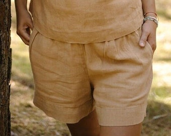 Pantalones cortos de lino para mujer con bolsillos y cintura elástica para verano