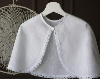 Linen Baptism Cape – Unisex Christening Cape Baby Cape with Lace | Handmade Godparent Gift, White Keepsake Cloak