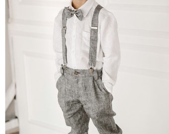 Boys Wedding linen pants+ suspenders + bow tie/ Kids Linen Baptism trousers,/  Boys linen formal wear