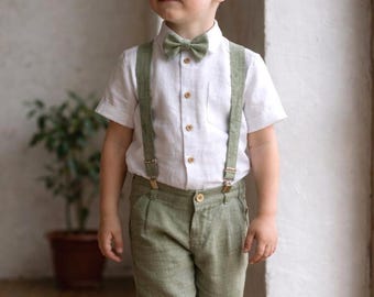 Ring Bearer Pants Set Boy – Sage Green Linen Pants with Suspenders & Bow Tie, Wedding and Baptism Outfit 2–15Y
