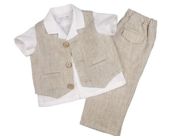Linen Baby Boy Wedding Outfit – 3-Piece Set with Shirt, Pants & Vest (3M–2Y)