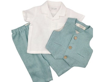Boy's Linen Suit Set: Shirt, Pants, Vest for Christenings and Special Occasions