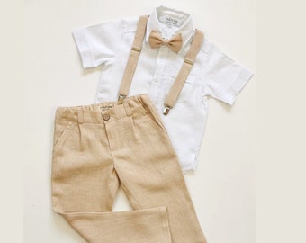 4-Pc Ring Bearer Outfit: Pants, Shirt, Suspender & Bow / Tie Beach Wedding Linen Suit Set- Stylish and Formal