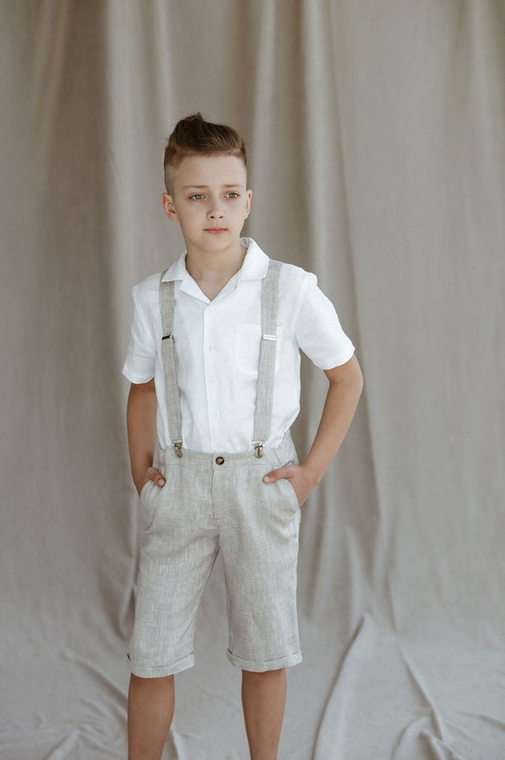 Boys Linen shorts with suspenders / Toddler Ring Bearer Shorts / Linen Boys Wedding outfit / Formal Wear