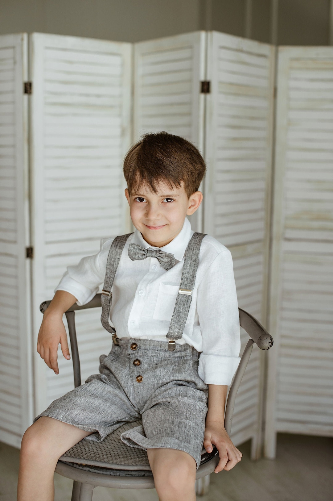 Boys Linen Shorts With Suspenders Bow Tie, Toddler Ring Bearer Shorts, Boys Wedding Outfit