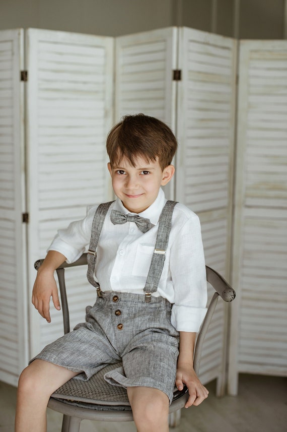 Boys Linen Shorts with Suspenders + bow tie, Toddler Ring Bearer Shorts, Boys Wedding Outfit, Toddlers Formal Wear, Melange Gray shorts