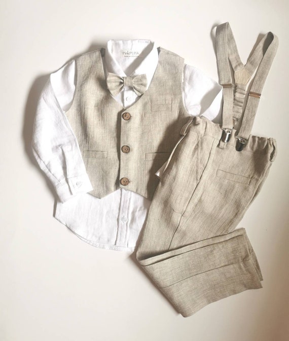 5 pcs (5Y size, natural linen col.) Boys linen suit/ Toddler Wedding, Ring bearer, Baptism outfit/