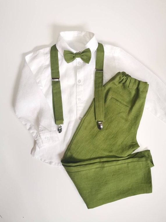 9y - 134cm- size/ MOSS GREEN / 3pcs Boys Linen Pants with Suspenders +Bow tie  / Linen Ring bearer trousers / Linen Boys Wedding outfit