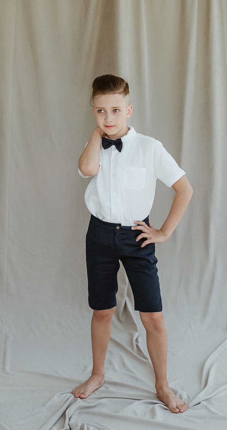 Boys Linen shorts with suspenders bow tie / Toddler Ring Bearer Shorts / Linen Boys Wedding outfit / Formal Wear, Navy Blue image 7