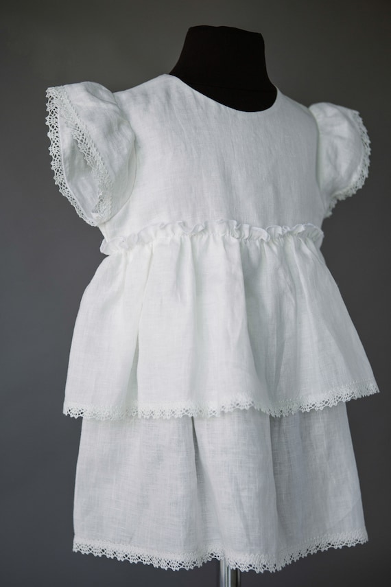Linen flower dress "Aria"/ Linen handmade Baptism, Christening dress with wing sleeves