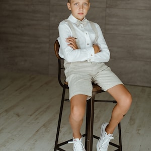 Boys linen shorts, Toddler Ring bearer shorts, Boys Wedding / Linen Baptism shorts, formal wear, Beige col. image 4