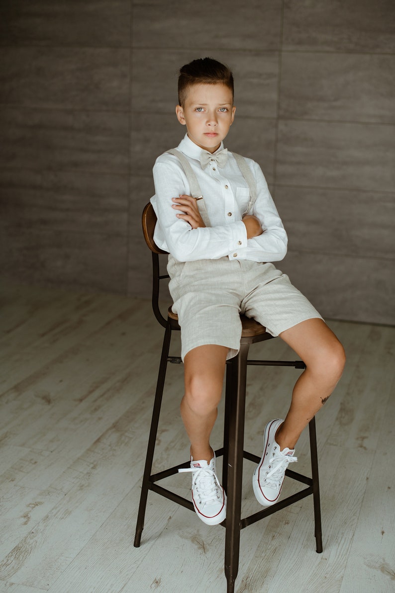 Boys linen shorts, Toddler Ring bearer shorts, Boys Wedding / Linen Baptism shorts, formal wear, Beige col. image 4