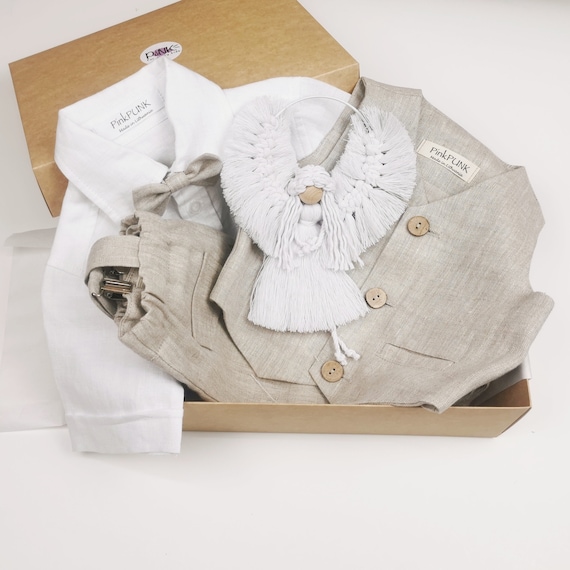 Elegant Christening Linen Suit Set in Gift Box - Baby Boy Baptism Outfit