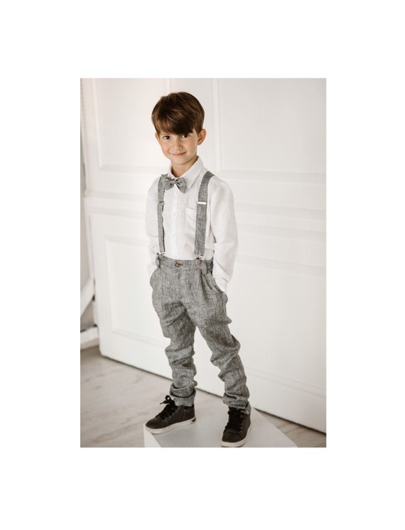 Boys Wedding linen pants+ suspenders + bow tie/ Kids Linen Baptism trousers,/  Boys linen formal wear