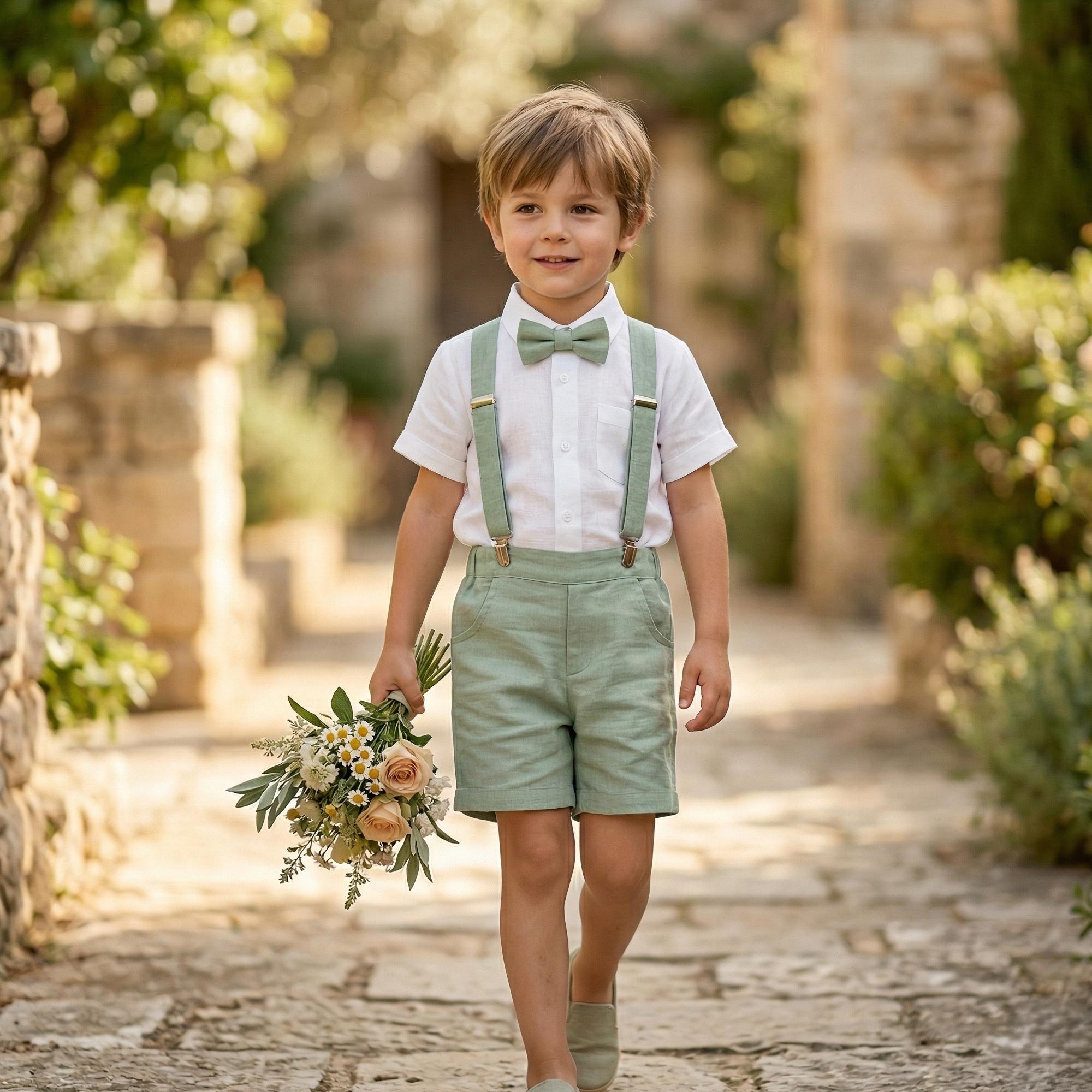 Boys Linen Wedding Outfit, Suspender Shorts Set, Ring Bearer Outfit, Christening 6M-9Y