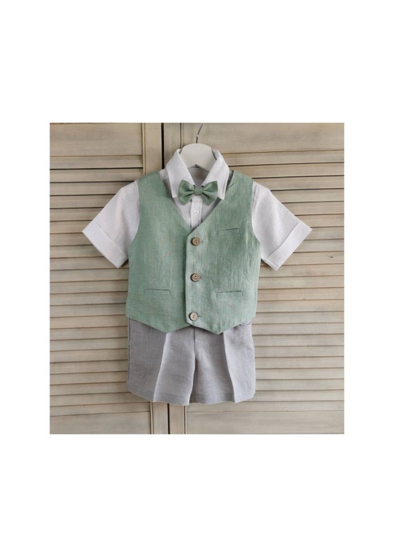 5pcs Boys Linen suit set / Toddler Ring Bearer Suit / Baptism Shorts, Shirt, Vest / Boys Linen Formal Wear.