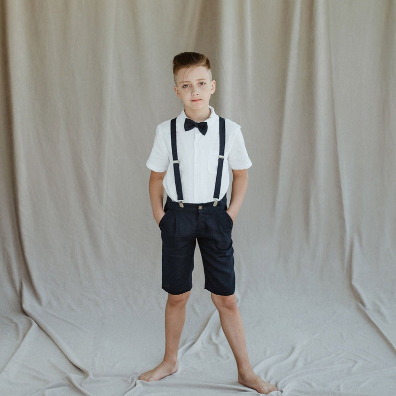 Boys Linen shorts with suspenders bow tie / Toddler Ring Bearer Shorts / Linen Boys Wedding outfit / Formal Wear, Navy Blue image 2