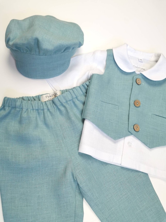 6-9month (74cm) 4 pcs. Boy linen suit: pants, shirt, vest and hat / Christening suit / First birthday / Ring bearer outfit / Baptism outfit