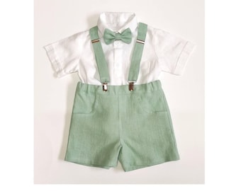 Boys Linen Suspender Set for Wedding – Baby Boy Baptism Outfit, Ring Bearer Suit