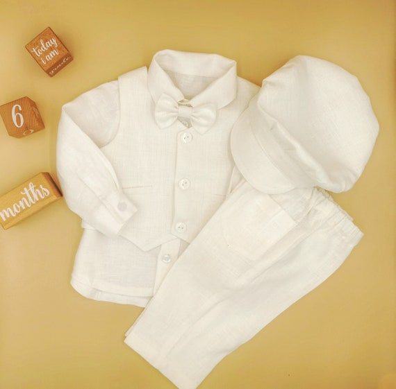 Dapper and Stylish Boy's Linen Suit Set: Cap, Shirt, Pants, Vest and Bow Tie for Christenings and Special Occasions