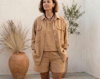 Women's Linen Shirt – Oversized Coconut Button Overshirt, Layering Top