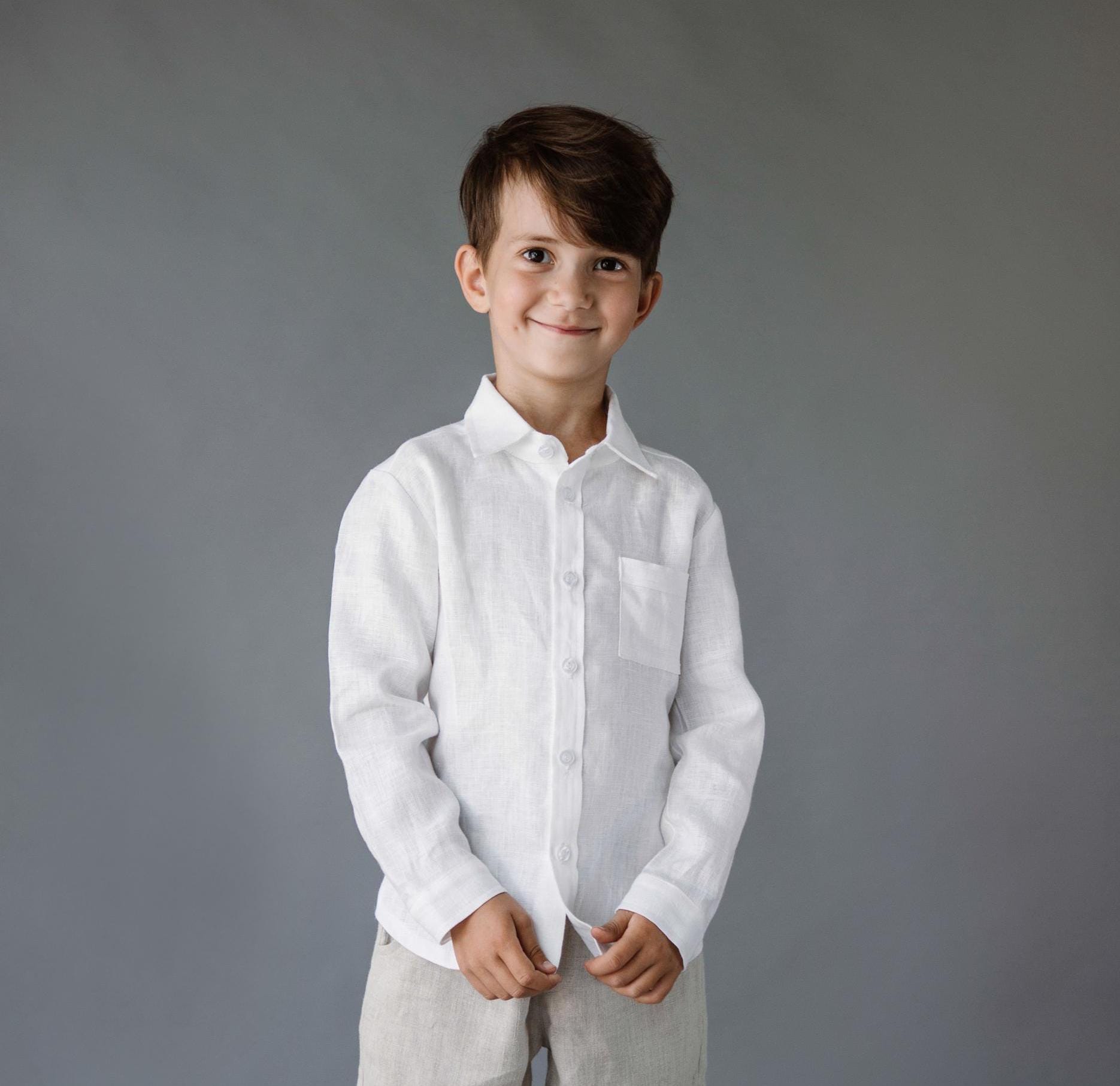 Chemise Bébé Garçon Lin Manches Longues 12 Mois-3 Ans – 100% Lin Naturel Antibactérien Anti-UV – Fabriquée Main Col Claudine