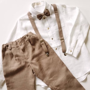 Boys Linen Pants with Suspenders & Bow Tie – Baptism, Ring Bearer, Wedding Outfit | Christening Suit, 2–15Y |  32 Colors