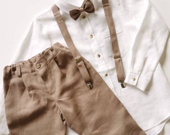 Pantaloni di lino per bambini con bretelle e papillon – Abito per battesimo, portatore degli anelli, matrimonio / abito da battesimo, 2–15 anni
