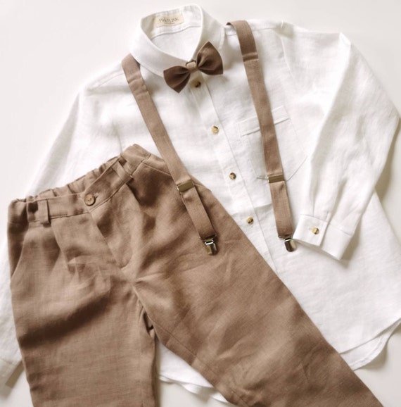 Boys Linen Pants With Suspenders & Bow Tie  Baptism, Ring Bearer, Wedding  Outfit | Christening Suit, 215Y - Etsy