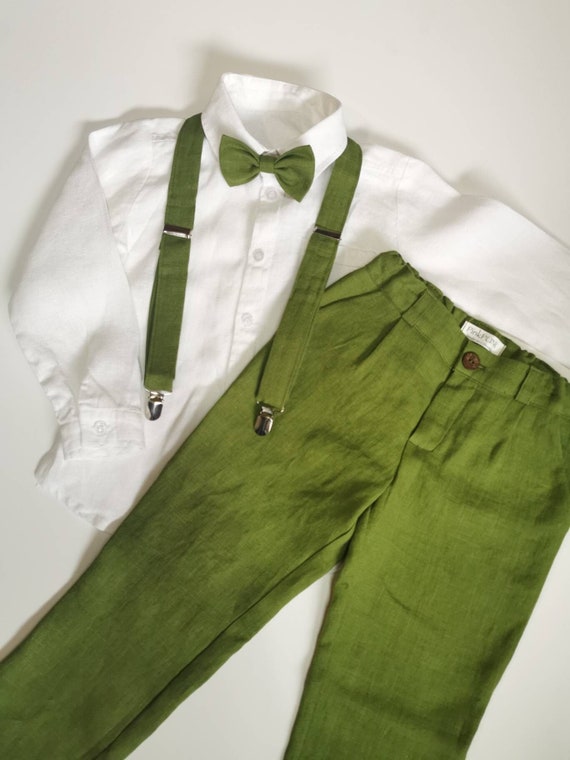 11y-146cm size/ MOSS GREEN /3pcs Boys Linen Pants with Suspenders +Bow tie