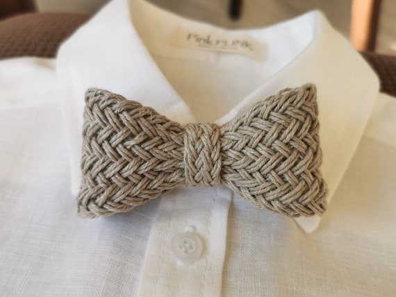 Bow tie of natural woven linen with adjustable neck strap, Handmade bow tie