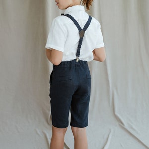 Boys Linen shorts with suspenders bow tie / Toddler Ring Bearer Shorts / Linen Boys Wedding outfit / Formal Wear, Navy Blue image 8