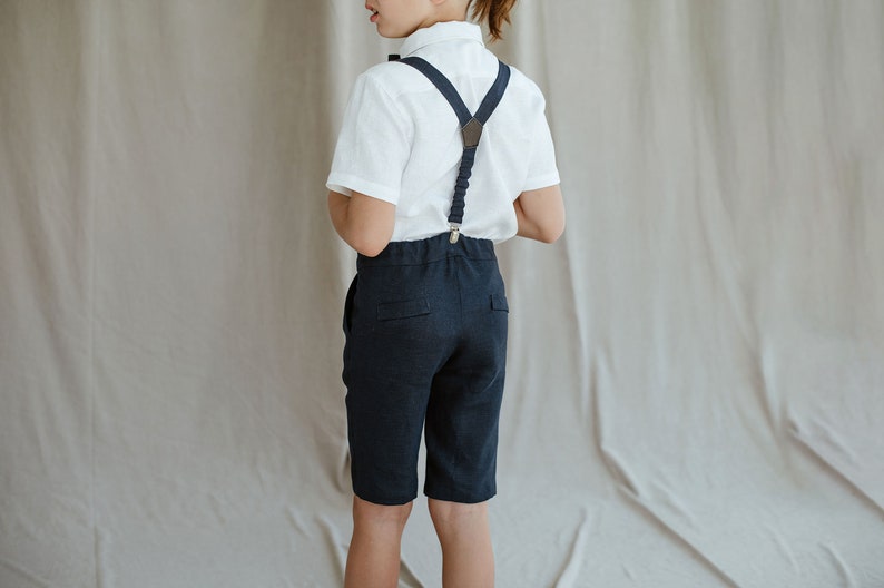 Boys Linen shorts with suspenders bow tie / Toddler Ring Bearer Shorts / Linen Boys Wedding outfit / Formal Wear, Navy Blue image 8