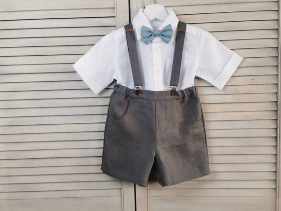 Toddler Ring bearer suit, Boys Wedding Linen outfit, Baptism suspender shorts+shirt, Christening suit, Boys Linen formal wear.