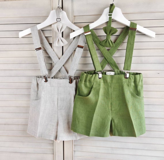Toddlers linen suspender shorts + bow tie, (Shirt not included) Toddler Ring bearer, Wedding, Linen Baptism shorts
