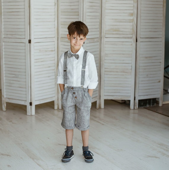 Linen Ring Bearer Shorts with Suspenders, Boys Linen Shorts with Suspenders, Boys Wedding Outfit, Toddlers Formal Wear, Melange Gray shorts