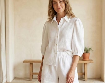 Boho Muslin Set for Women – White Cotton Gauze Blouse & Shorts | Relaxed Summer Outfit, 3/4 Puff Sleeves