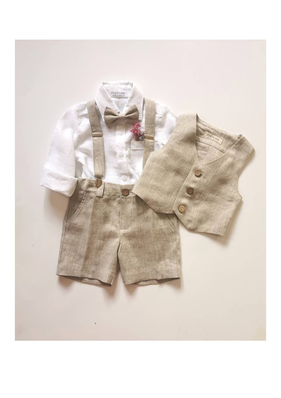 5pcs Boys Wedding Linen Outfit / Toddler Ring Bearer Suit / Baptism Shorts+Shirt+Vest / Boys Linen Formal Wear.